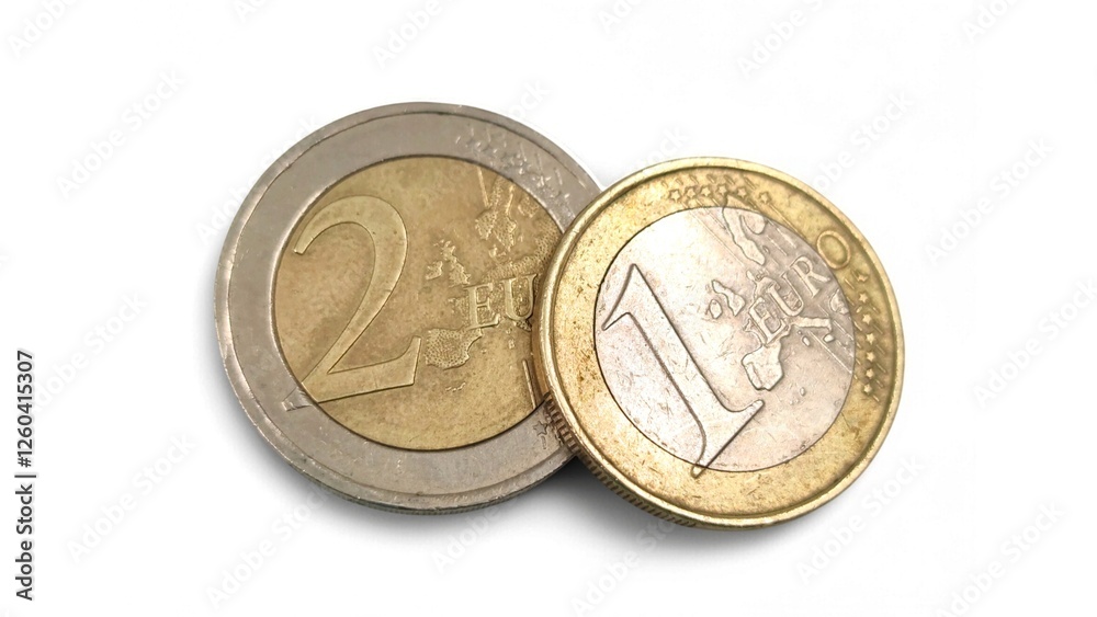 Top view of worn-out Euro coins, featuring a two and a one Euro coin, showing signs of use and aging, isolated on a white background, ideal for financial and currency-related concepts. Top view of worn-out Euro coins, featuring a two and a one Euro coin, showing signs of use and aging, isolated on a white background, ideal for financial and currency-related concepts.