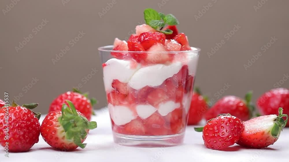 Creamy strawberry dessert with fresh strawberries and mint Creamy strawberry dessert with fresh strawberries and mint