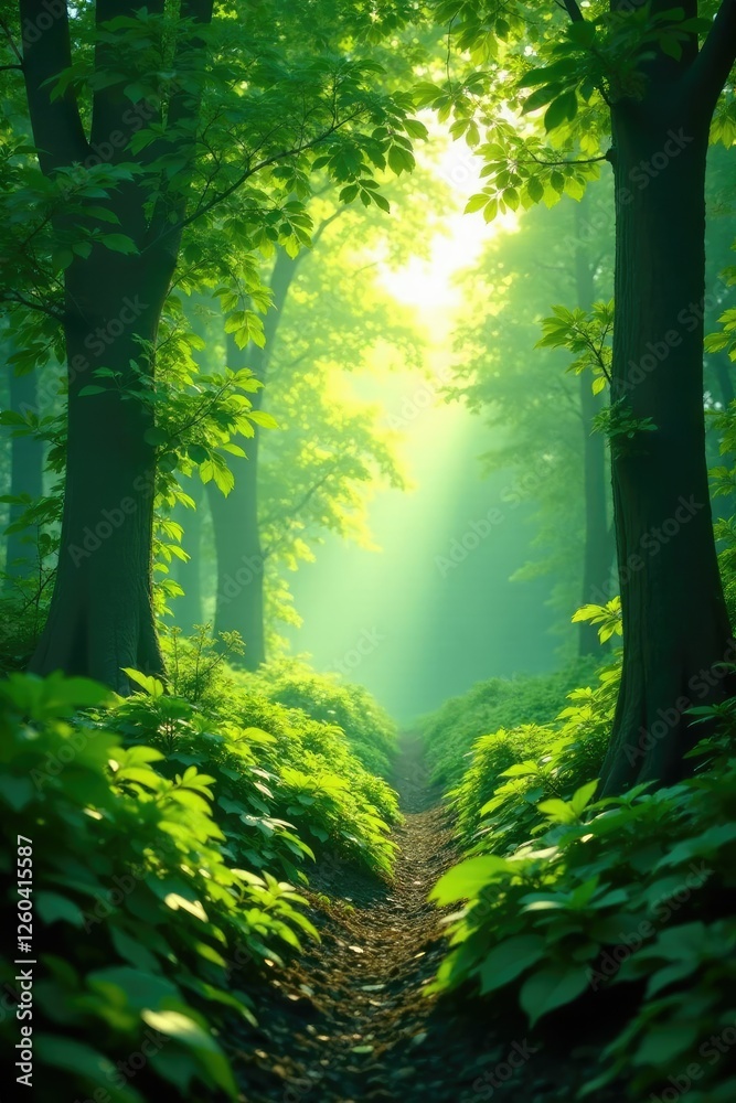 Fototapeta premium Dense foliage obscures sunlight filtering through leaves, forest atmosphere, foliage