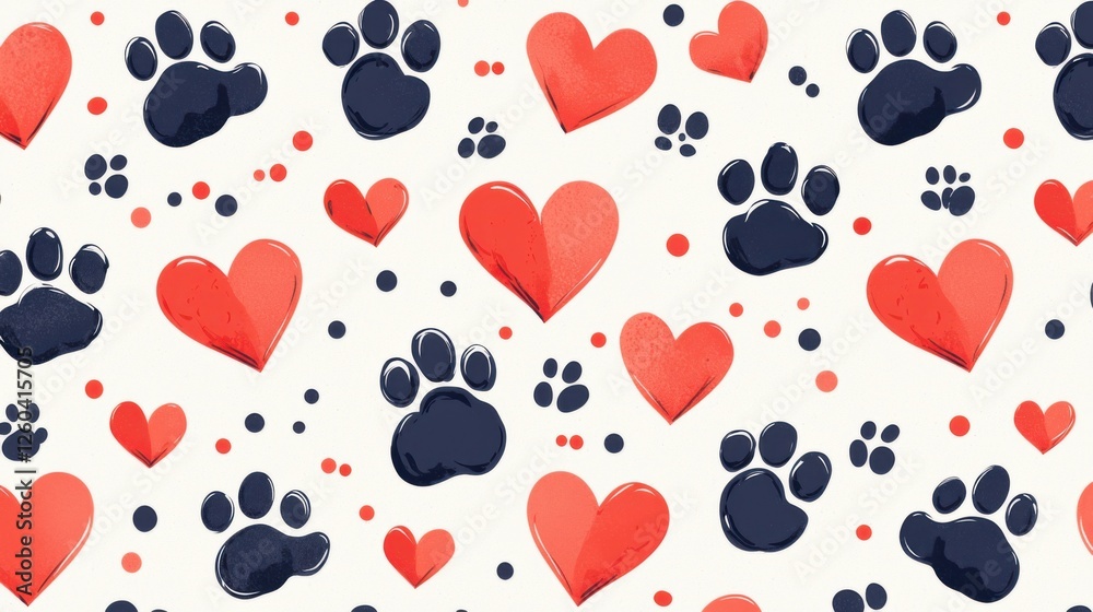 Fototapeta premium Paw prints and hearts patterned design creative space graphic art fun environment whimsical concept