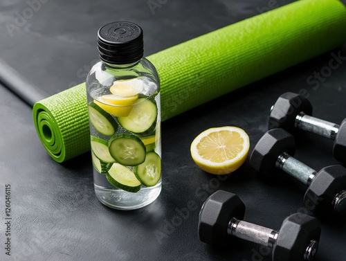 Healthy Lifestyle: Water bottle, lemons, exercise mat and dumbbells.