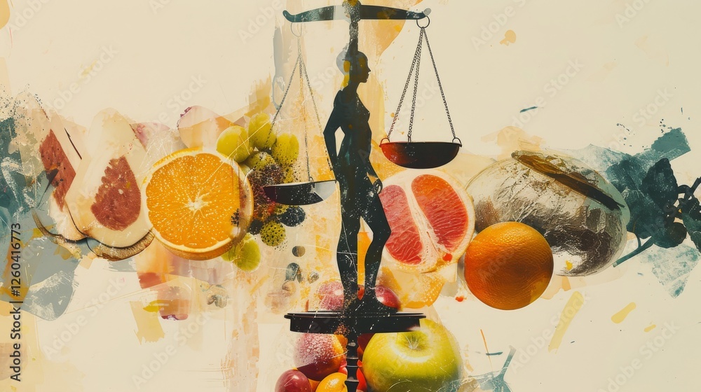 Abstract artwork showcasing a silhouetted scale amidst fruits like oranges, grapefruits, and grapes. The layered textures enhance its contemporary aesthetic. AI generated.