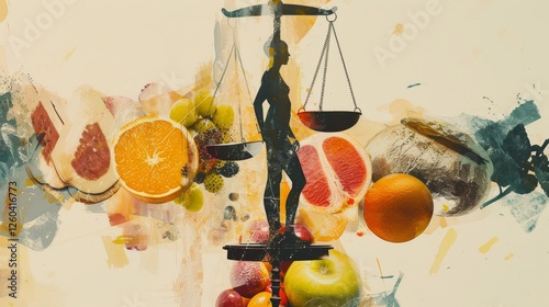 Obraz na płótnie Abstract artwork showcasing a silhouetted scale amidst fruits like oranges, grapefruits, and grapes. The layered textures enhance its contemporary aesthetic. AI generated. w salonie