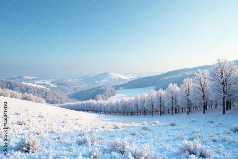 Frosty landscape with snow-covered hills and bare deciduous trees in the distance -Snowy Pecan Orchard III, icy, hillsides Frosty landscape with snow-covered hills and bare deciduous trees in the distance -Snowy Pecan Orchard III, icy, hillsides