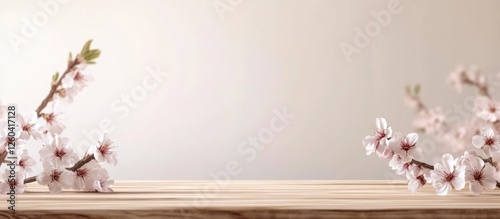 Wooden table featuring cherry blossom flowers on a light background ideal for product display with ample empty space for text placement
