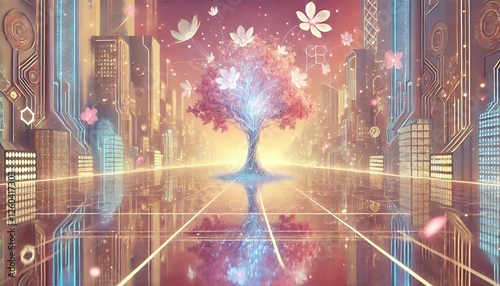 Wallpaper Mural Futuristic Sakura in a Cyberpunk Cityscape: A Dreamlike Harmony of Neon Lights, Reflective Ground, and Holographic Blossoms Torontodigital.ca