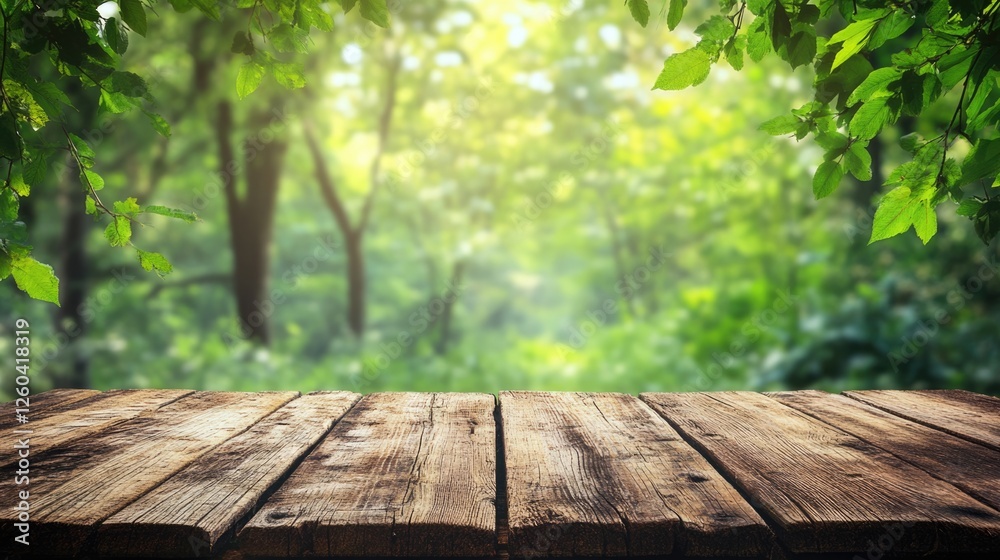 Wooden bench in a serene green forest with ample empty space for customizable text and inspirational messages. Wooden bench in a serene green forest with ample empty space for customizable text and inspirational messages.
