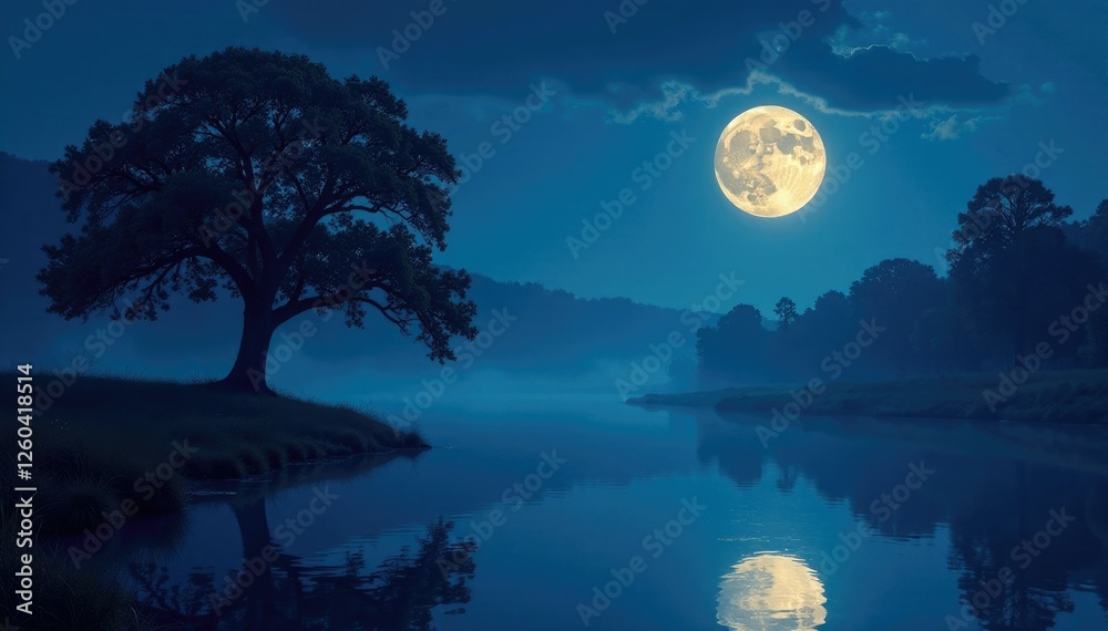 Fototapeta premium Moonlit night scene with reflected trees in a river, peaceful, water