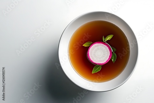 A minimalist composition of a bowl of vegetable soup, featuring a single ingredient like a slice of radish, centered on a white background for emphasis. photo