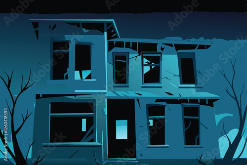Abstract illustration depicting a fractured house silhouette, emphasizing emptiness and desolation; a symbolic representation of a broken family home.