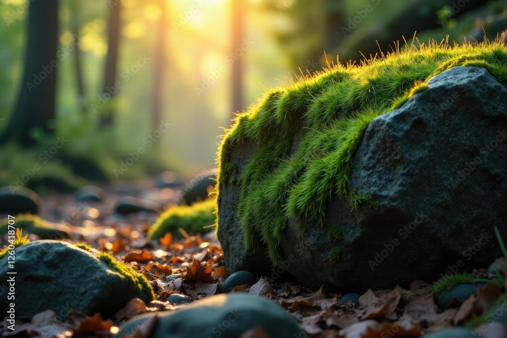 Obraz premium Moss-covered rock absorbs warm sunlight, radiating gentle glow, rocky terrain, subtle, forest