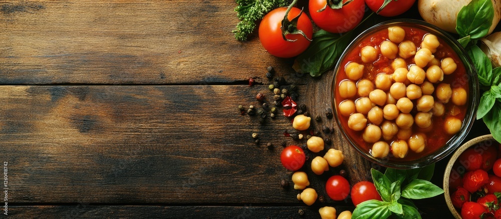 Vegetarian chickpea stew with tomatoes on a rustic wooden table blank space for text and ingredients around Vegetarian chickpea stew with tomatoes on a rustic wooden table blank space for text and ingredients around