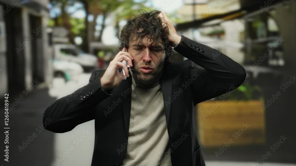 Young man on phone looks distressed in urban outdoor setting wearing black jacket and sweater with blurred city background Young man on phone looks distressed in urban outdoor setting wearing black jacket and sweater with blurred city background