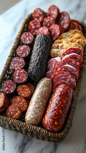 A diverse variety of saucisson and cured meats elegantly displayed on a rustic wooden platter, perfect for showcasing culinary art and attracting attention at any event.