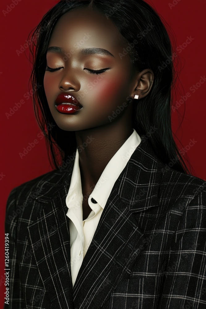 Serene Black Woman in Checked Blazer, Closed Eyes Serene Black Woman in Checked Blazer, Closed Eyes