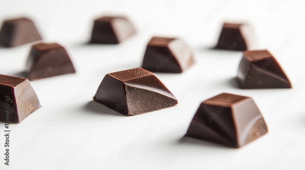 Fototapeta premium Dark chocolate squares on white background, food photography for recipe or packaging
