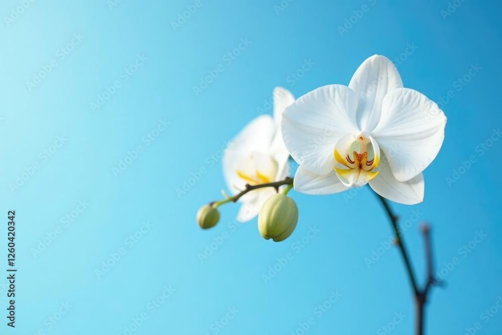 Single stem of white orchid against a light blue sky, stems, sky, white flowers