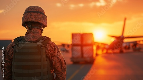 Soldier in Camouflage Uniform Watching Sunset Over Airfield with Aircraft and Cargo