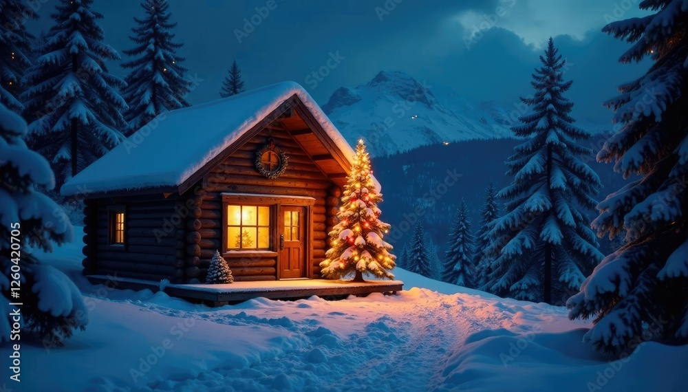 Fototapeta premium Snow-covered cabin with Christmas tree lightning in the windowsill, sparkling lights, cabin