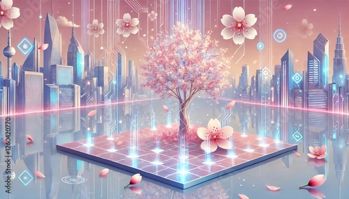 A serene pastel-colored horizontal illustration of a futuristic cityscape adorned with blooming cherry blossoms, crystalline trees, and glowing holographic petals floating above a mirrored ground