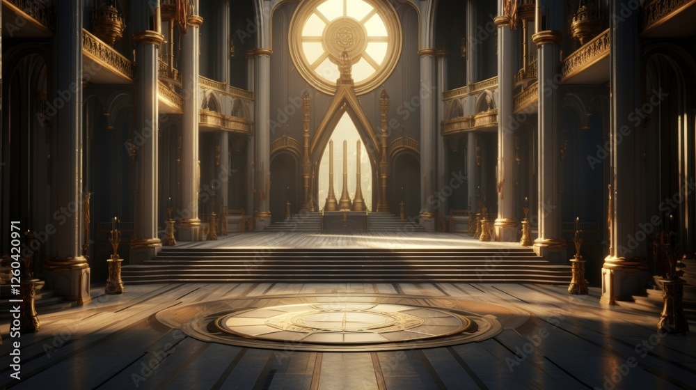 Obraz premium Majestic Grand Throne Room with Radiant Light and Elegant Architectural Features Captured in Stunning Detail, Grand Hall of a Gilded Palace