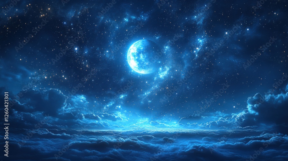 Abstract night sky background with a starry sky and moonlight in deep blues and silvers, highlighting the calm and serenity of the night. Ideal for nighttime and tranquil-themed projects. Abstract night sky background with a starry sky and moonlight in deep blues and silvers, highlighting the calm and serenity of the night. Ideal for nighttime and tranquil-themed projects.