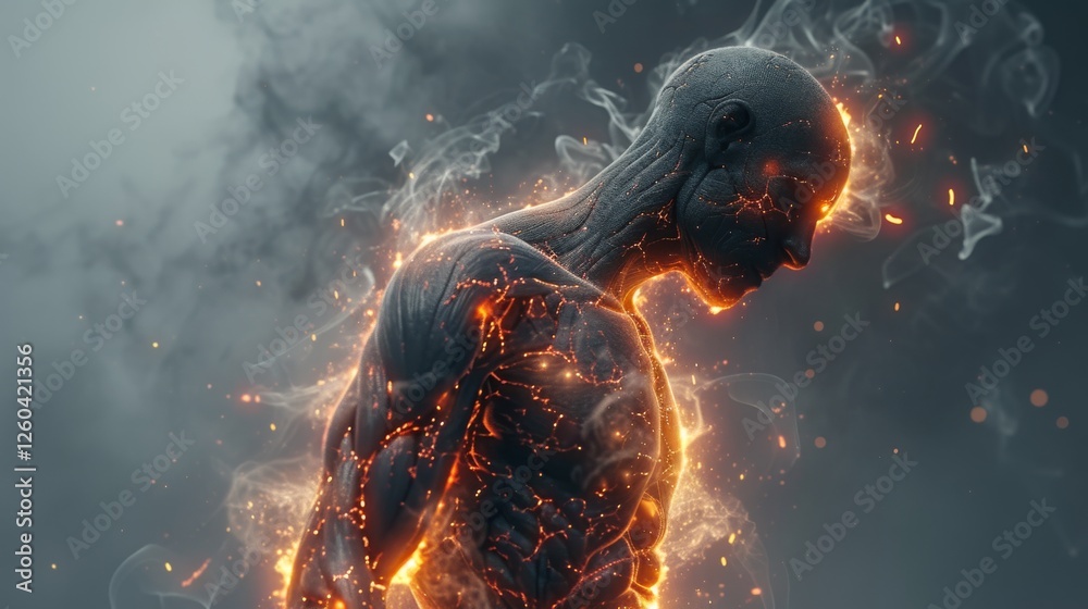 A close-up view of a glowing human figure emanating fiery energy and intricate light patterns, evoking concepts of power and inner strength. AI generated.