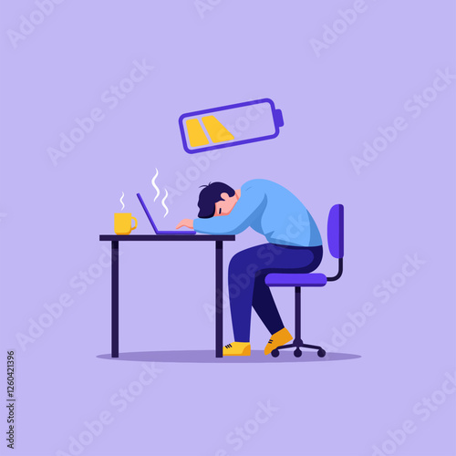 Exhausted Man Sleeping at Desk with Laptop and Empty Battery Icon