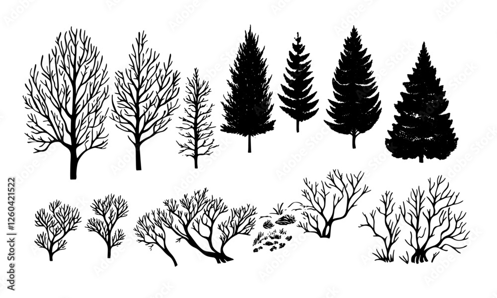 Fototapeta premium Linocut style tree and nature set. Black branches, trees