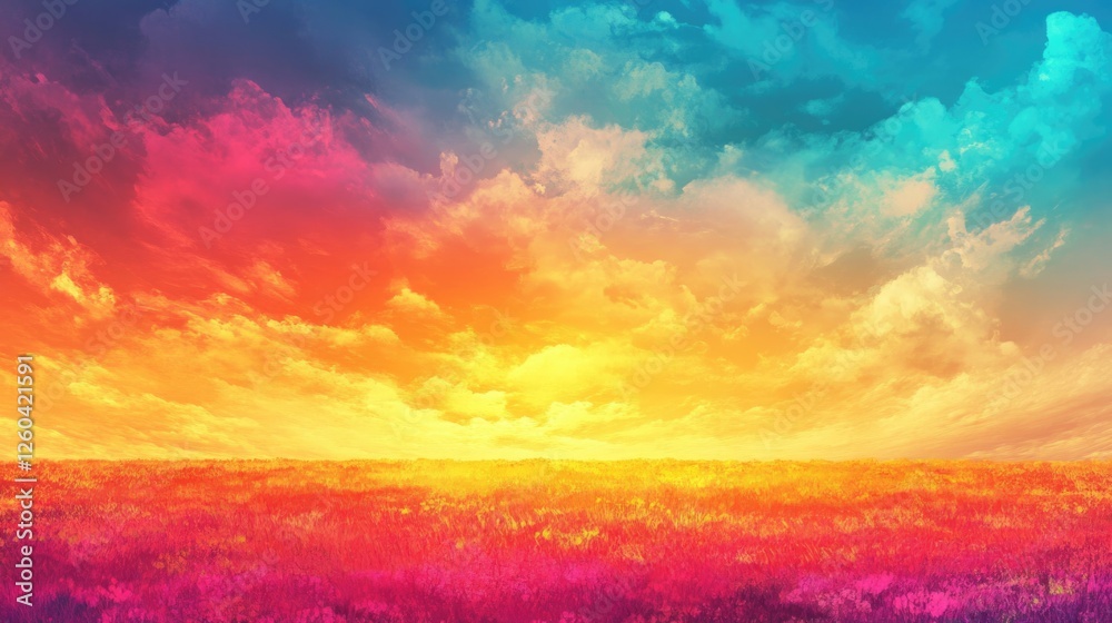 Fototapeta premium Vibrant sunset with colorful clouds above a serene field creating ample empty copyspace for text with a warm gradient of colors