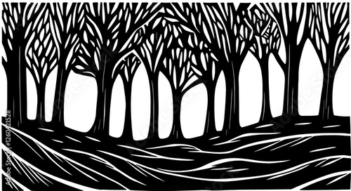 Linocut style trees vector, black nature on transparent background