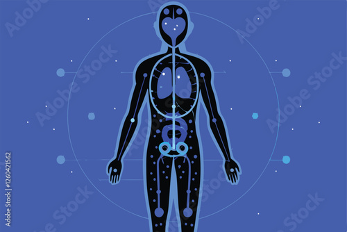 Generate an abstract, stylized image depicting the human anatomy, focusing on internal organs and skeletal structure, using vibrant, contrasting colors and unconventional forms.