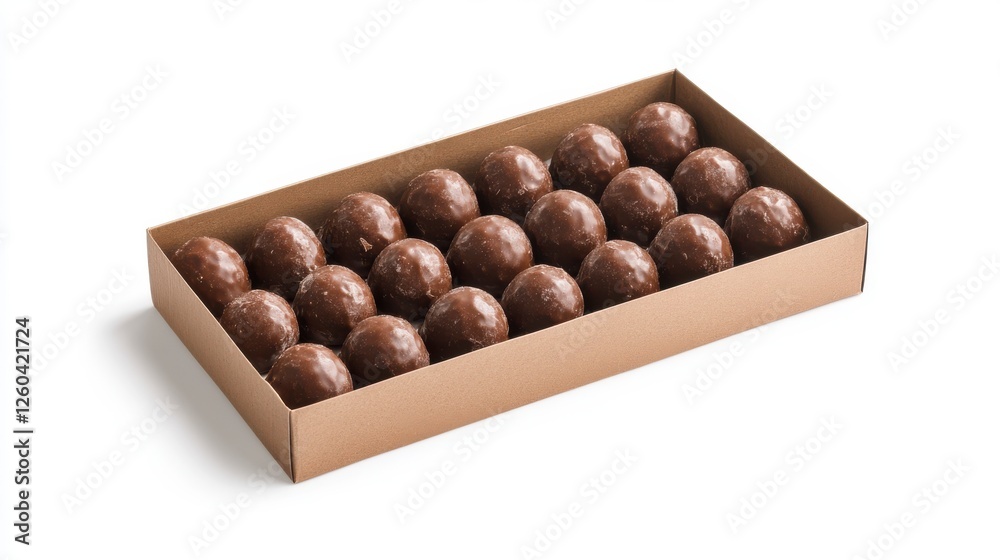 A packaging box of premium chocolate truffles on white background A packaging box of premium chocolate truffles on white background