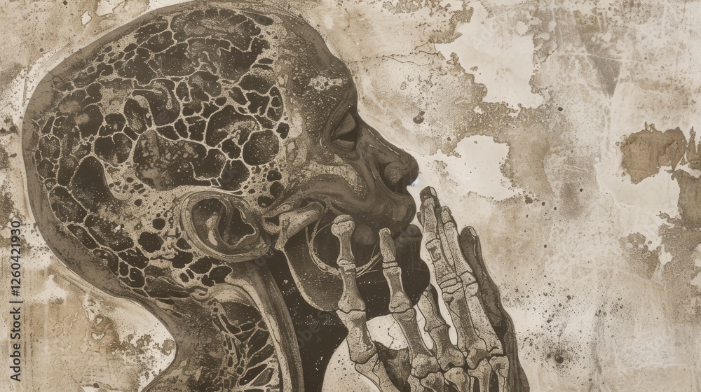 A textured illustration of a human figure revealing skeletal features, blending abstract patterns and muted tones to create a thought-provoking design. AI generated.