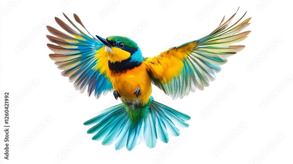 Obraz premium A vibrant bird with colorful wings flaunting hues of yellow, blue, and green against a pure white backdrop.