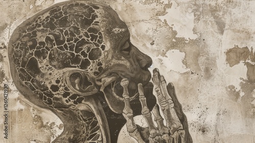 Obraz na płótnie A textured illustration of a human figure revealing skeletal features, blending abstract patterns and muted tones to create a thought-provoking design. AI generated. w salonie
