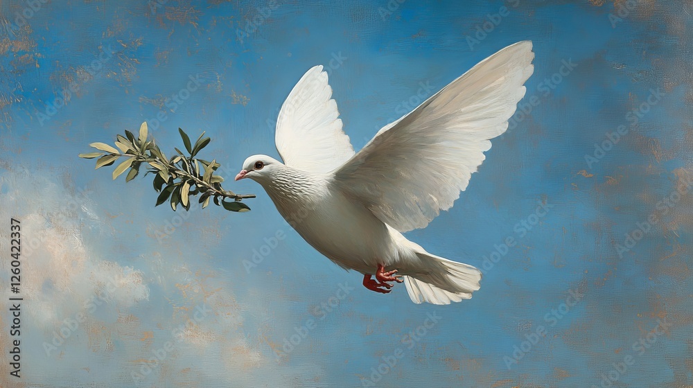 Fototapeta premium A white dove with an olive branch soars through the sky, symbolizing peace and hope.