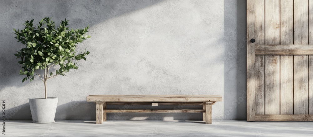Minimalist wooden pallet bench in modern luxury villa interior with grey farmhouse style and blank space for text and greenery Minimalist wooden pallet bench in modern luxury villa interior with grey farmhouse style and blank space for text and greenery