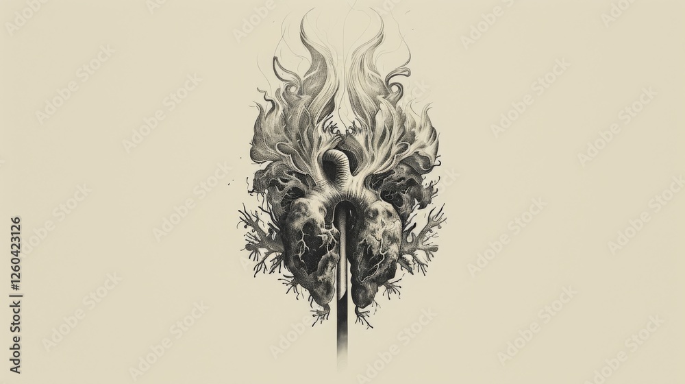 Intricate sketch of a heart intertwined with flames and organic details, blending anatomy and surrealism in a creative and thought-provoking design. AI generated.