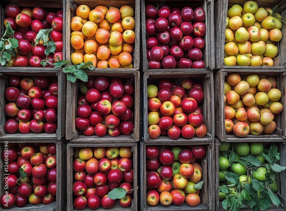 Colorful Display of Fresh Apples in Wooden Crates, Showcasing Various Shades of Red, Green, and Yellow for a Vibrant Market Scene Colorful Display of Fresh Apples in Wooden Crates, Showcasing Various Shades of Red, Green, and Yellow for a Vibrant Market Scene
