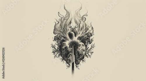 Obraz na płótnie Intricate sketch of a heart intertwined with flames and organic details, blending anatomy and surrealism in a creative and thought-provoking design. AI generated. w salonie