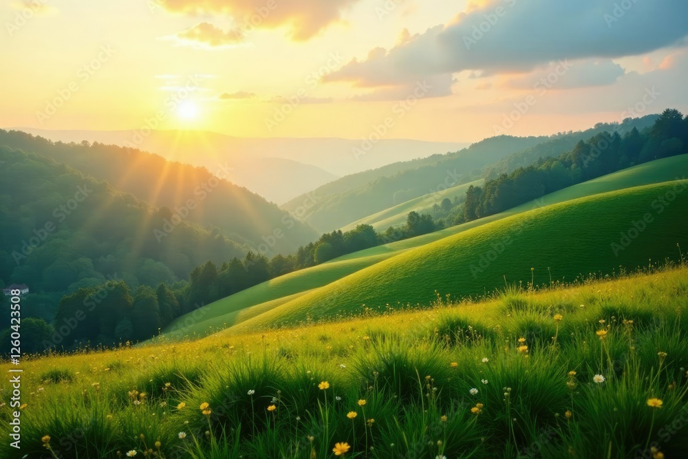 Obraz premium Tranquil morning light caresses rolling hills, hills, serene, morning