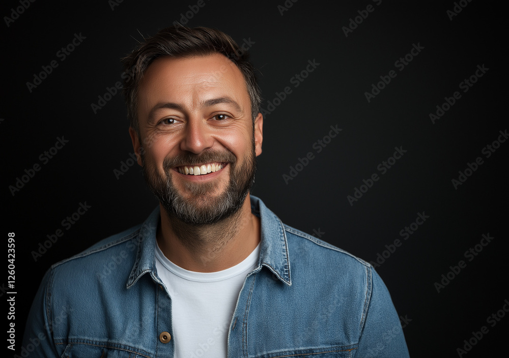 Studio portrait of a happy man wearing a denim shirt over a white t-shirt, set against a black background. He has short hair, a beard, and brown eyes, smiling with his teeth showing while looking dire Studio portrait of a happy man wearing a denim shirt over a white t-shirt, set against a black background. He has short hair, a beard, and brown eyes, smiling with his teeth showing while looking dire