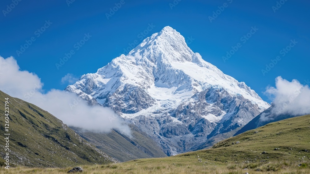 Snowy mountain peak, bright sky, valley landscape. Possible use Stock photo for travel, nature, adventure, or tourism Snowy mountain peak, bright sky, valley landscape. Possible use Stock photo for travel, nature, adventure, or tourism