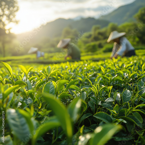 The crown are carefully picking the best tea leaves from tea plantations in the early morning.