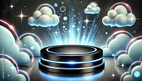 3D Black podium with glowing blue lights