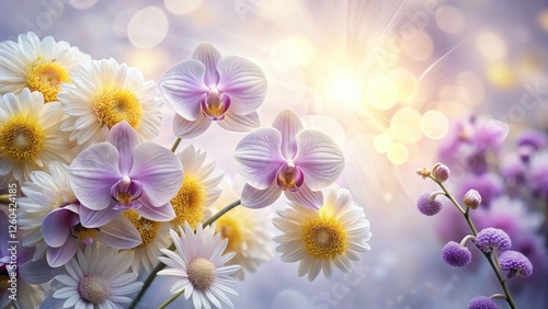 Lavender orchids and yellow chrysanthemums create a floral silhouette bathed in soft light.