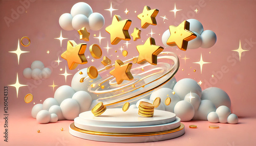 3D White podium with floating golden stars and coins pastel pink gradient background