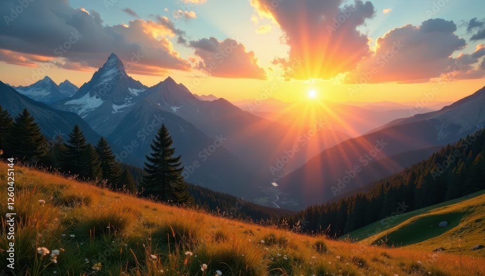 Obraz premium Golden sunrise paints distant peaks, long shadows stretch across valley , vibrant, clouds