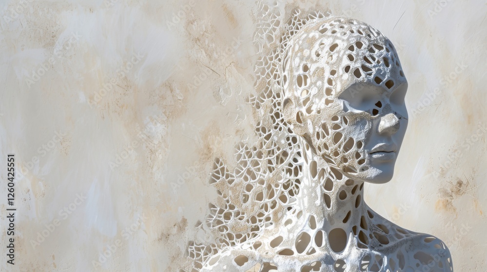 A captivating sculpture of a human head featuring a detailed organic lattice texture, blending abstraction and realism with a neutral, textured background. AI generated.
